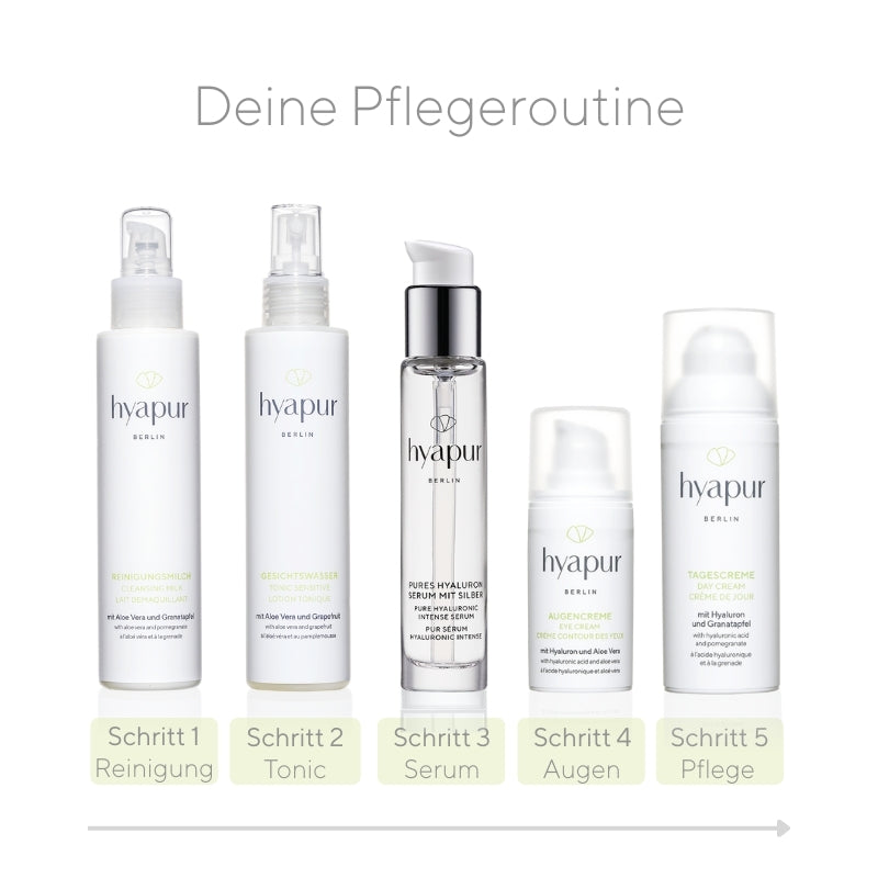 Deine tägliche Pflegeroutine kann z.B. so aussehen: Im 1. Schritt reinigst du deine Haut, im 2. trägst du Gesichtswasser auf und entfernst Seifenreste sanft mit einem Wattepad. Danach befeuchtest du deine Haut nochmals leicht mit Wasser oder Gesichtswasser, trägst 3. dein Hyaluron-Serum auf, lässt es vollständig einziehen, folgst 4. mit der Augencreme und 5. schließt alles mit einer Tages- oder Nachtpflege ein.