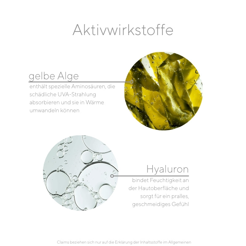 Wirkstoffe im Yellow Serum sind gelbe Alge, die dank spezieller Aminosäuren UVA-Strahlung absorbieren kann, und hochmolekulares Hyaluron.