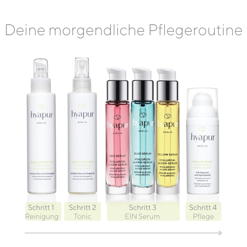 Deine morgendliche Pflegeroutine kann z.B. so aussehen: Im 1. Schritt reinigst du deine Haut, im 2. trägst du Gesichtswasser auf und entfernst Seifenreste sanft mit einem Wattepad. Danach befeuchtest du deine Haut nochmals leicht mit Wasser oder Gesichtswasser, trägst 3. entweder das Red Serum, das Blue Serum oder das Yellow Serum auf, lässt es vollständig einziehen und 4. schließt es mit einer Sonnen- oder Tagespflege ein.