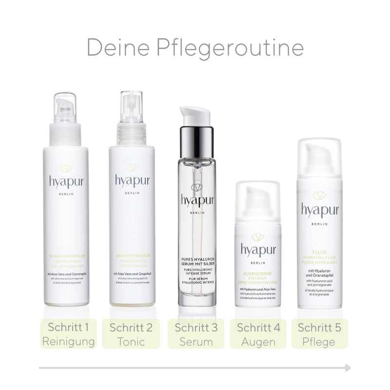 Deine tägliche Pflegeroutine kann z.B. so aussehen: Im 1. Schritt reinigst du deine Haut, im 2. trägst du Gesichtswasser auf und entfernst Seifenreste sanft mit einem Wattepad. Danach befeuchtest du deine Haut nochmals leicht mit Wasser oder Gesichtswasser, trägst 3. dein Hyaluron-Serum auf, lässt es vollständig einziehen, folgst 4. mit der Augencreme und 5. schließt alles mit einer Tages- oder Nachtpflege ein. 