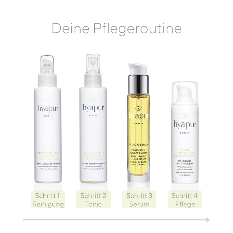 Deine tägliche Pflegeroutine kann z.B. so aussehen: Im 1. Schritt reinigst du deine Haut, im 2. trägst du Gesichtswasser auf und entfernst Seifenreste sanft mit einem Wattepad. Danach befeuchtest du deine Haut nochmals leicht mit Wasser oder Gesichtswasser, trägst dein Hyaluron-Serum auf, lässt es vollständig einziehen und schließt es mit einer Sonnenpflege ein.
