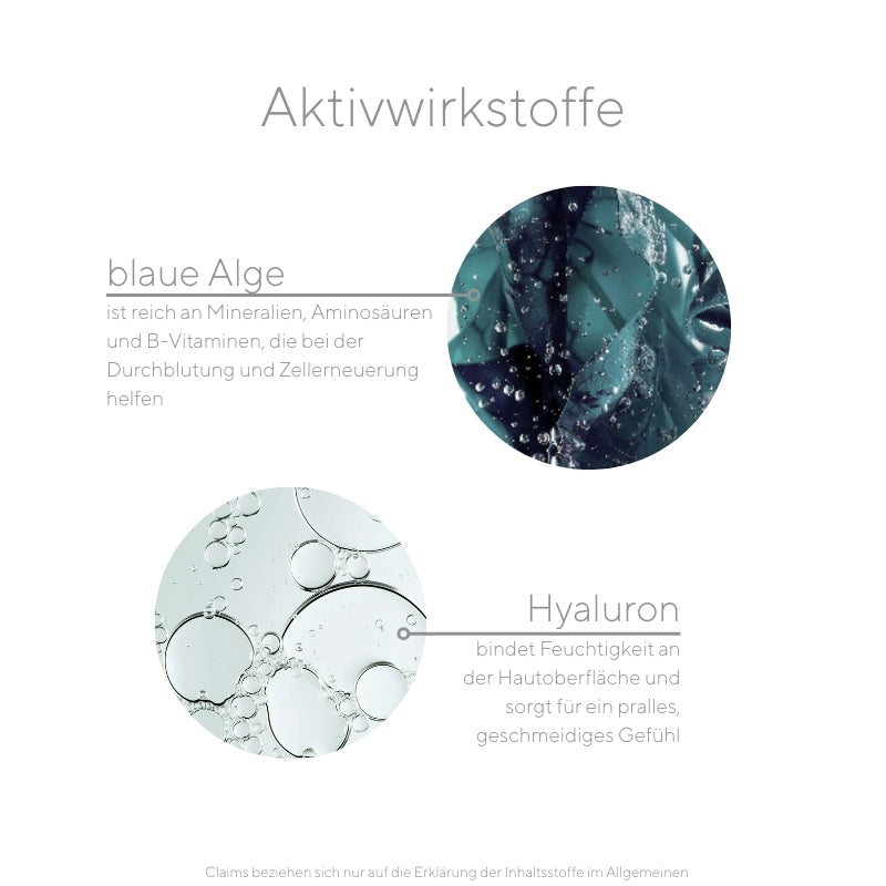 Wirkstoffe im Blue Serum sind blaue Alge, die reich an Mineralien, Aminosäuren und B-Vitaminen ist, und hochmolekulares Hyaluron. 