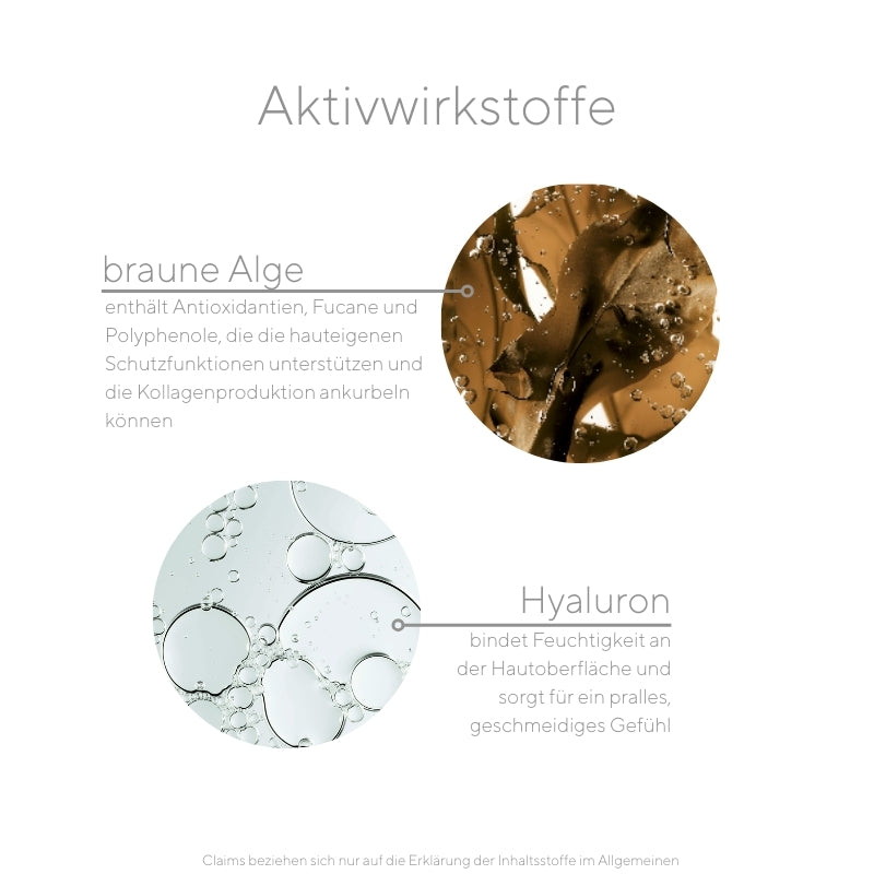 Wirkstoffe im Nude Serum sind braune Alge, die reich an Antioxidantien und Polyphenolen ist, und hochmolekulares Hyaluron. 