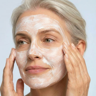 3. Mindestens 5-6 Pumphübe der Maske auf Gesicht, Hals und Dekolleté auftragen und in kreisenden Bewegungen einmassieren