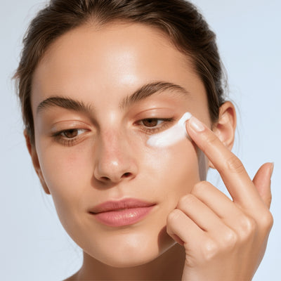 4. Augencreme vom Nasenbein zu den Schläfen einarbeiten