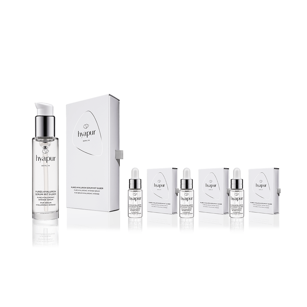 Mit dem hyapur® Berlin Markenbotschafter Set bekommst du das Pure Hyaluron Serum mit Silber 1x im 50ml Flakon und 3x in der 5ml Pipettenampulle zum Behalten oder Verschenken.