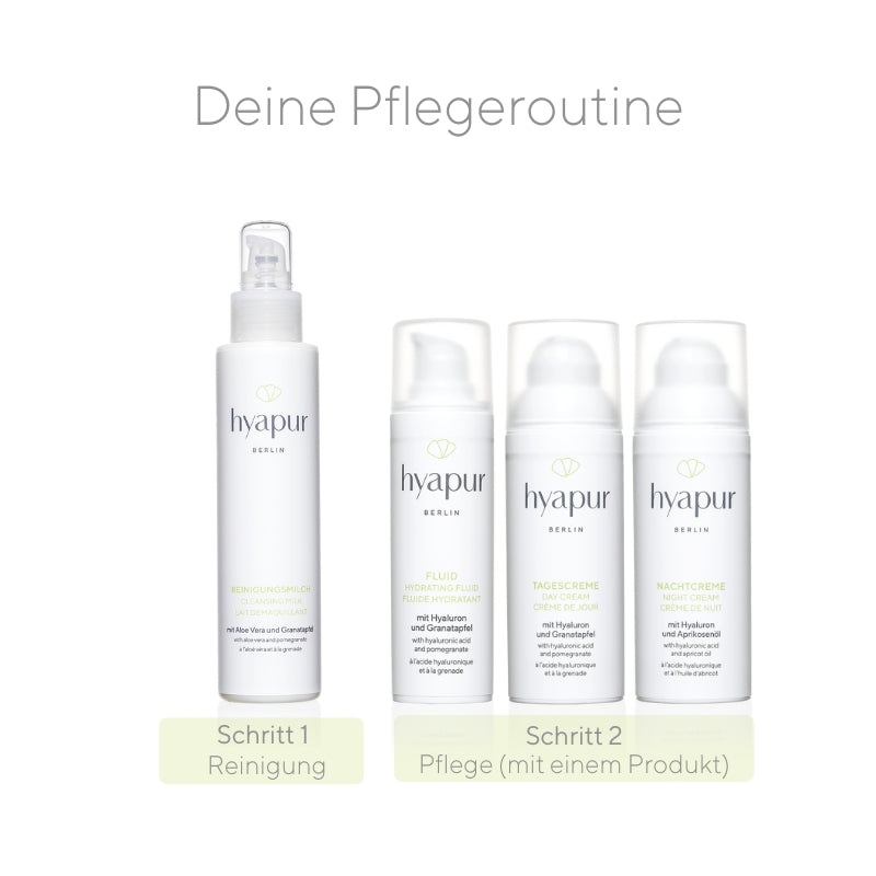 Deine tägliche Pflegeroutine mit dem GREEN kompakt Set kann aus nur 2 bis 3 Schritten bestehen, wenn du möchtest. Morgens reinigst du dein Gesicht mit der Reinigungsmilch und trägst, je nach Temperatur das Fluid oder die Tagescreme auf. Abends reinigst du die Haut nochmals und pflegst sie mit der Nachtcreme. 