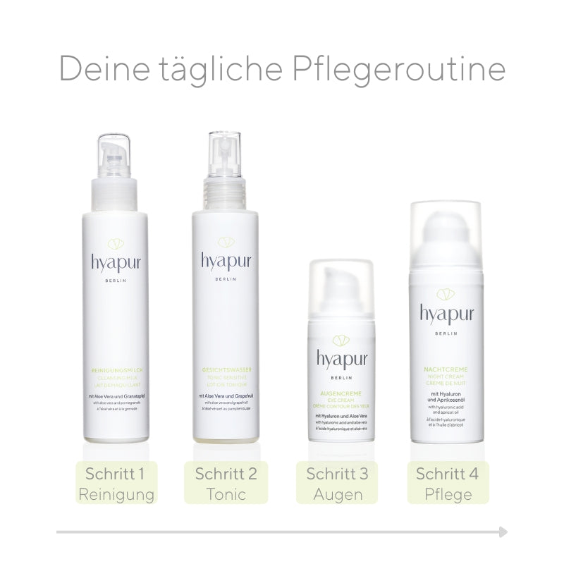 Deine tägliche Pflegeroutine kann z.B. so aussehen: Im 1. Schritt reinigst du deine Haut, im 2. trägst du Gesichtswasser auf und entfernst Seifenreste sanft mit einem Wattepad. Danach befeuchtest du deine Haut nochmals leicht mit Wasser oder Gesichtswasser, trägst 3. die Augencreme auf und lässt sie vollständig einziehen, folgst und 4. schließt alles mit einer Tages- oder Nachtpflege ein. 